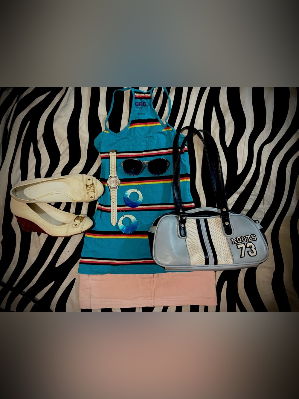 Y2K era GARAGE Turquoise Striped Spaghetti Strap Tank Top